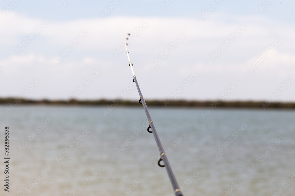 closeup of a fishing rod by a lake with an island in the background