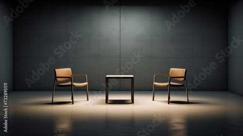 Interrogation Room: Minimalist Design with Stark Atmosphere, Dramatic Photographic Style