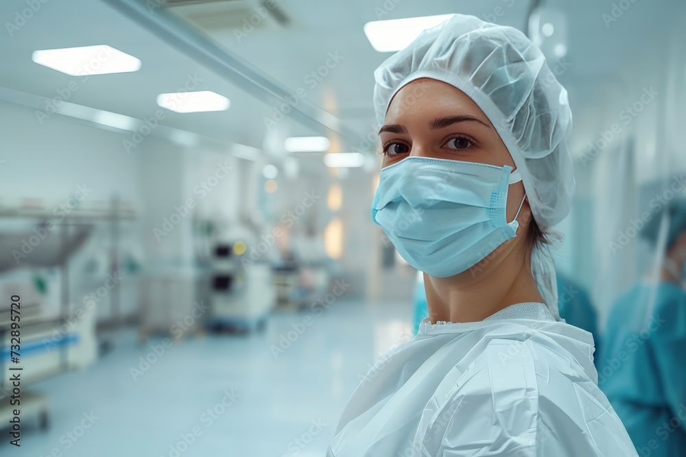 Doctor in a cap and mask standing against the background of a bright hospital room Doctor in a cap and mask standing against the background of a bright hospital room
