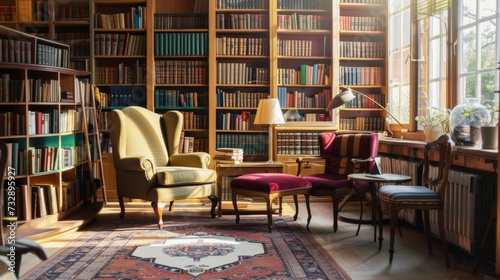 Inviting Reading Nook in Traditional Library AI Generated.