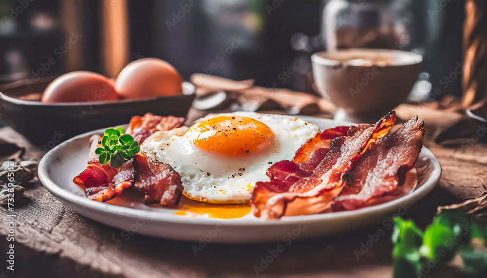 tasty breakfast. close up shot of breakfast that includes bacon and eggs. tasty breakfast. close up shot of breakfast that includes bacon and eggs.