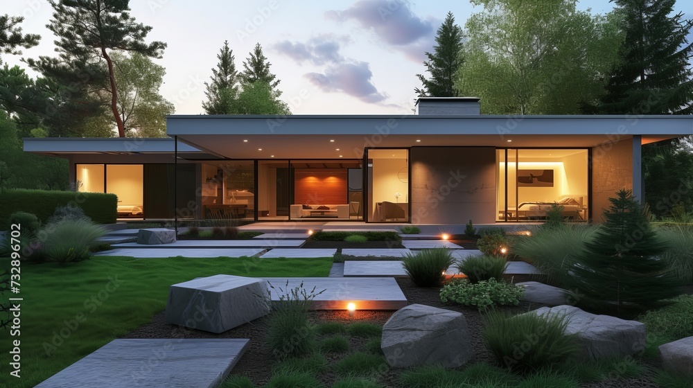 Contemporary Home Exterior at Dusk with Landscape Lighting and Lush Greenery