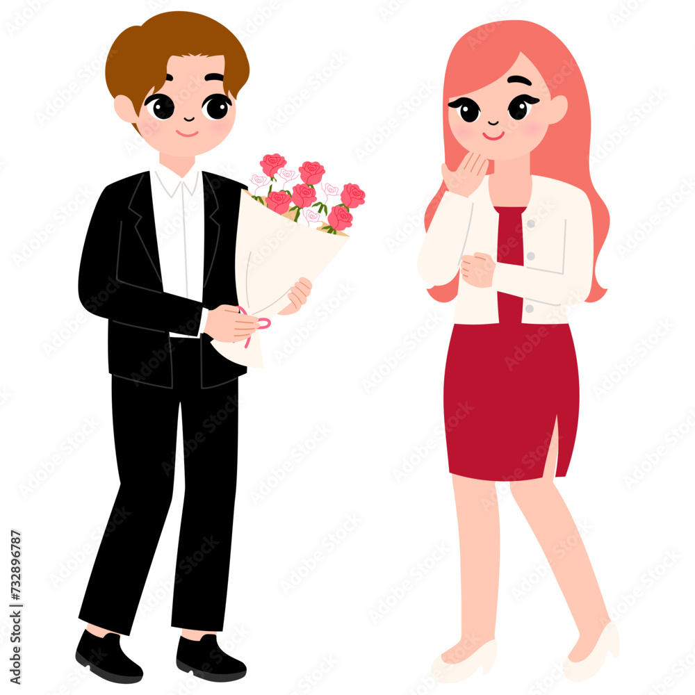 young boyfriend giving roses bouquet to girlfriend cartoon illustration young boyfriend giving roses bouquet to girlfriend cartoon illustration