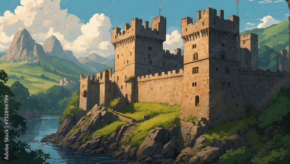 old medieval castle anime style