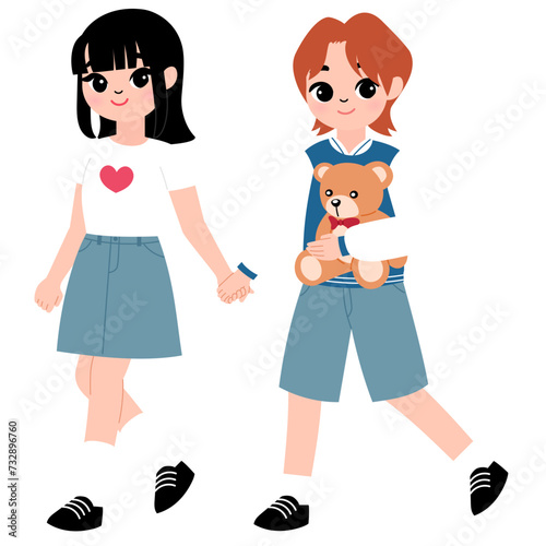teenager boyfriend and girlfriend holding hand together  cartoon illustration