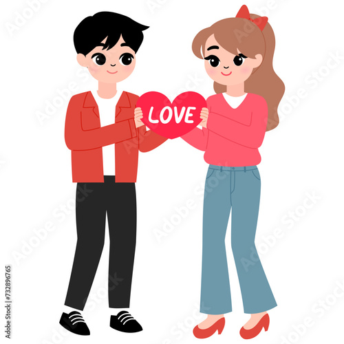 young boyfriend giving roses bouquet to girlfriend cartoon illustration