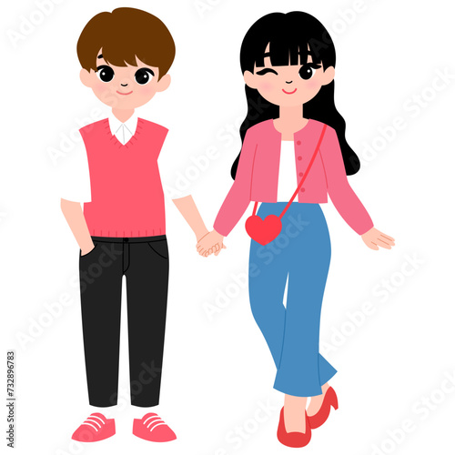 teenager boyfriend and girlfriend holding hand together  cartoon illustration