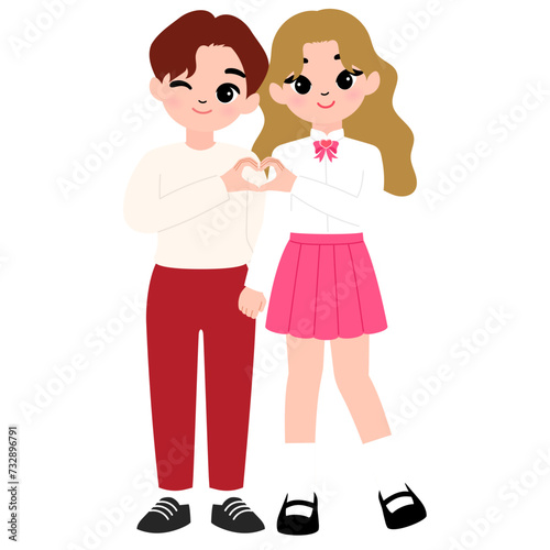 teenager boyfriend and girlfriend doing hand heart to each other cartoon illustration