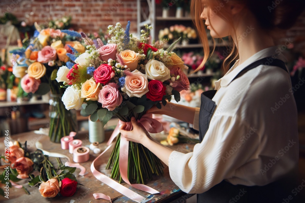 A skilled florist is meticulously arranging a vibrant, colorful bouquet