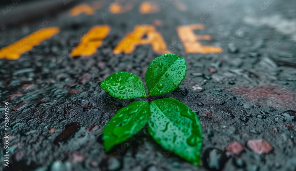 Naklejka premium A wet, vibrant green clover leaf lies on dark, wet asphalt, with the word 