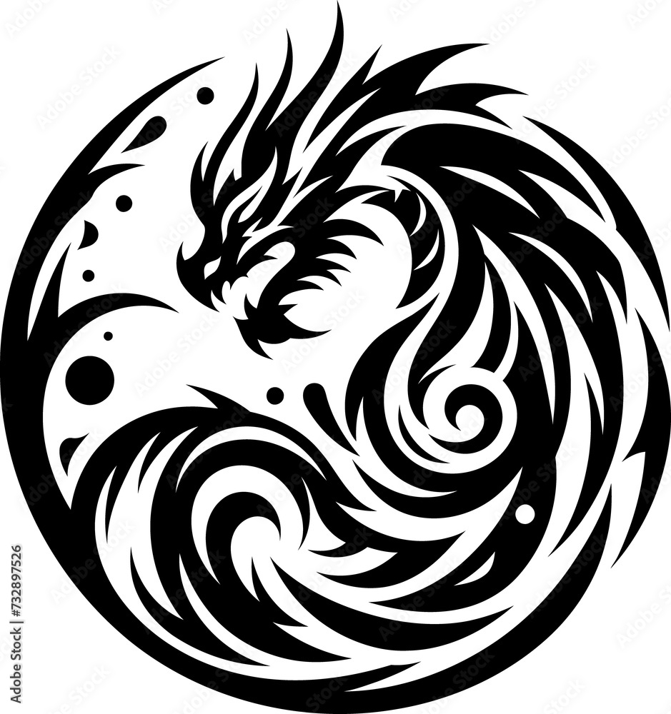 modern tribal tattoo dragon, fantasy, abstract line art of mythology creature, minimalist contour. Vector