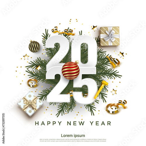 Happy New Year 2025. festive realistic decoration. Celebrate party 2025 on square white background