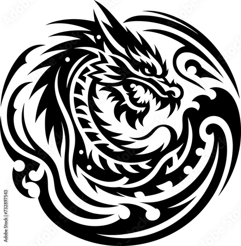 modern tribal tattoo dragon, fantasy, abstract line art of mythology creature, minimalist contour. Vector photo