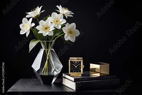 White flowers in Geometric Vase on Black Background. AI generated
