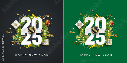 Set of Happy New Year 2025. festive realistic decoration. Celebrate party 2025 on square background