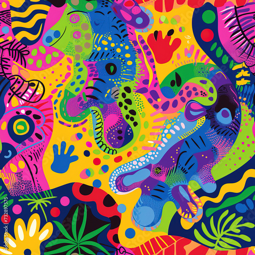Chameleons line art pop art cartoon colorful repeat pattern  vibrant bright party funky kawaii