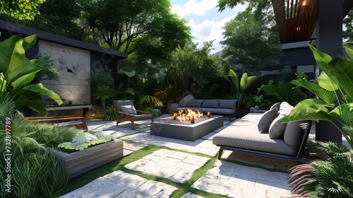 Luxurious Outdoor Living Space with Modern Furniture, Fire Pit, and Lush Landscaping in a Sunny Garden