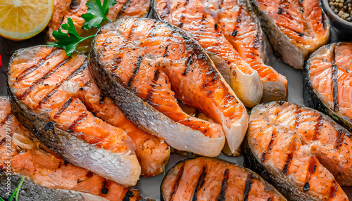 close up of roasted salmon, heap salmon