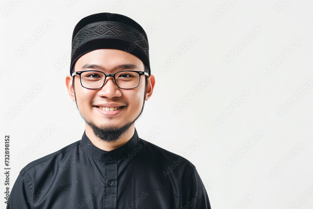 Asian Muslim man wearing glasses smiling to give greeting during Ramadan and Eid Al Fitr celebration over white background, realistic, HD, copy space - generative ai Asian Muslim man wearing glasses smiling to give greeting during Ramadan and Eid Al Fitr celebration over white background, realistic, HD, copy space - generative ai