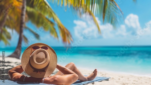 Serene Tropical Beach Vacation - Unidentified Individual Relaxing Under Palm Trees by the Crystal Clear Ocean