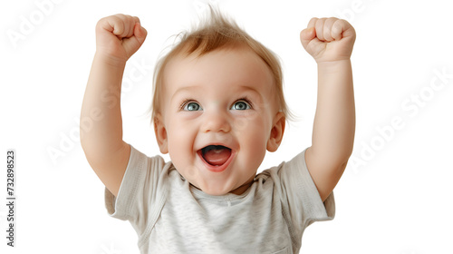 Adorable baby's joyful discovery: Delighted expression against white backdrop, pure happiness captured in photo.