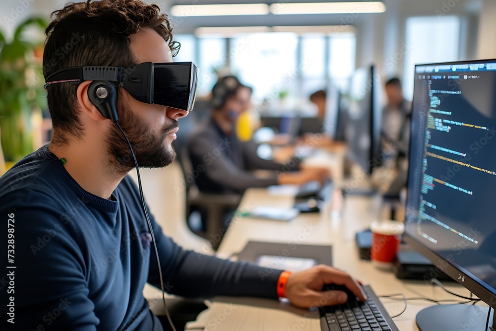 A blind programmer uses assistive technology to code alongside colleagues in an open-plan office A blind programmer uses assistive technology to code alongside colleagues in an open-plan office