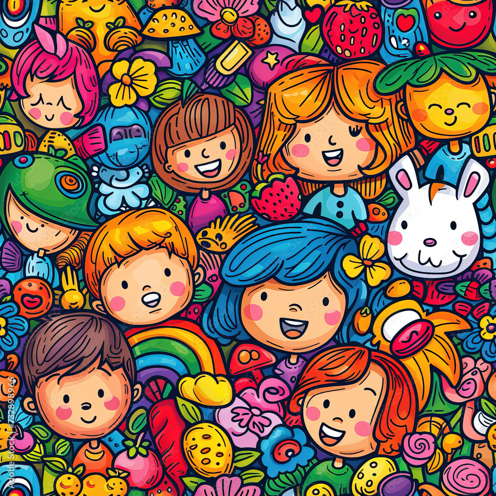Children colorful doodles repeat pattern, kids cartoon collage, childish, repetitive Children colorful doodles repeat pattern, kids cartoon collage, childish, repetitive