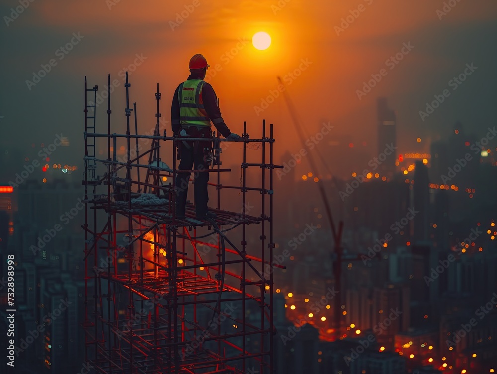 An engineer is doing construction work at night with the full moon lighting up the construction site. An engineer is doing construction work at night with the full moon lighting up the construction site.