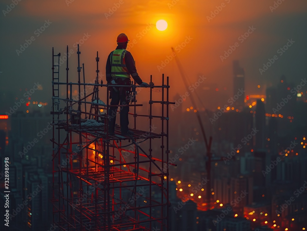 An engineer is doing construction work at night with the full moon lighting up the construction site.