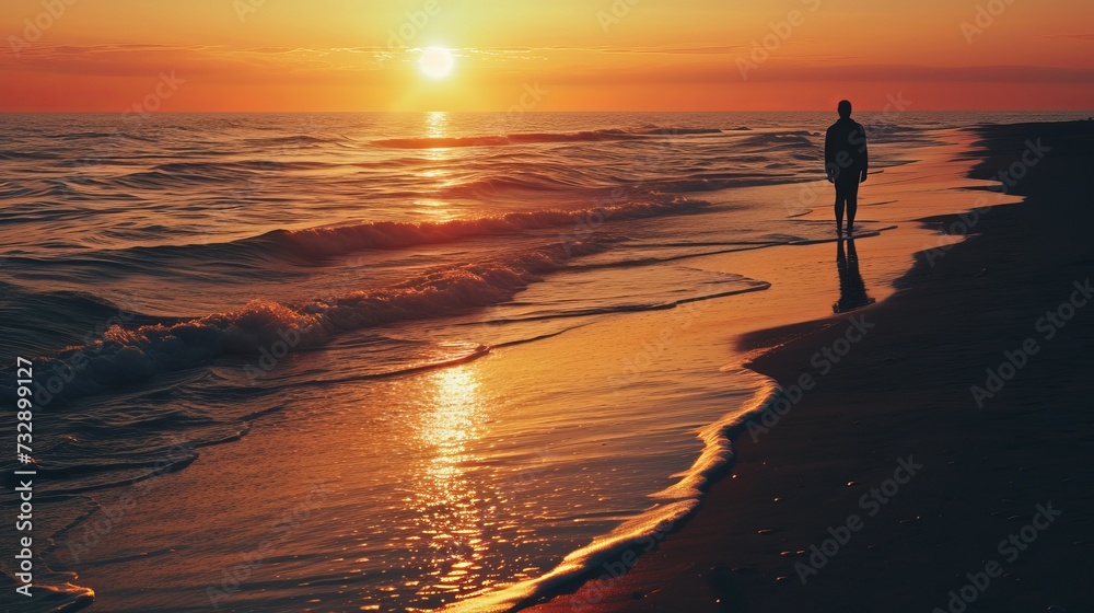 Silhouette of a Person Walking Alone on a Sandy Beach at Sunset, with Golden Sunlight Reflecting on the Gentle Waves Silhouette of a Person Walking Alone on a Sandy Beach at Sunset, with Golden Sunlight Reflecting on the Gentle Waves