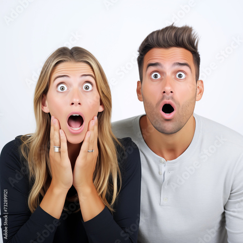 Men's and women's faces showing shocked expressions, white background.