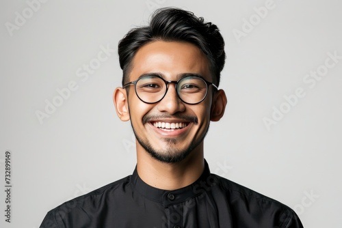 Asian Muslim man wearing glasses smiling to give greeting during Ramadan and Eid Al Fitr celebration over white background, realistic, HD, copy space - generative ai