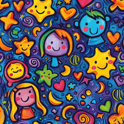 Children colorful doodles repeat pattern, kids cartoon collage, childish, repetitive 