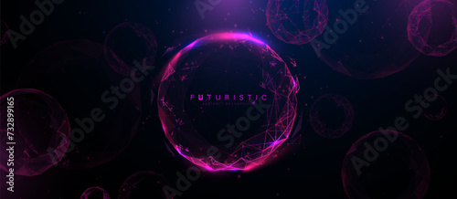 Abstract magenta Spheres in a dark background. Abstract globe connection technology. Abstract molecule. Low poly wireframe, lines. Illustration vector