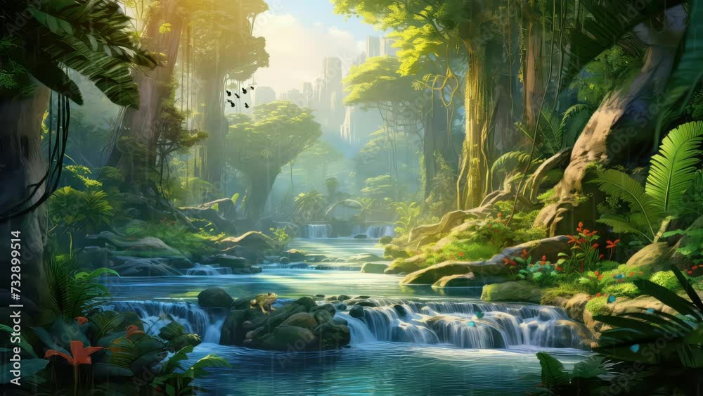 Animation natural waterfalls and rivers in the middle of green forests seamless 4k video background. generated with ai	
