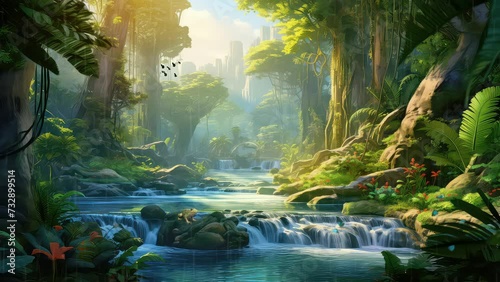 Animation natural waterfalls and rivers in the middle of green forests seamless 4k video background. generated with ai	
