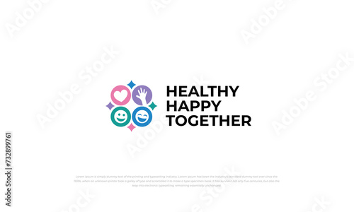 pictogram logo combination smiley face, love heart shape, and hand in colorful style