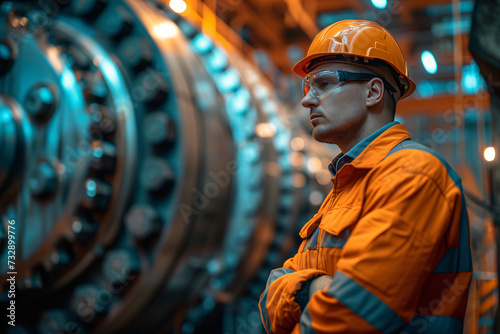 A concentrated male technician with safety helmet and glasses inspects heavy machinery in an industrial setting.