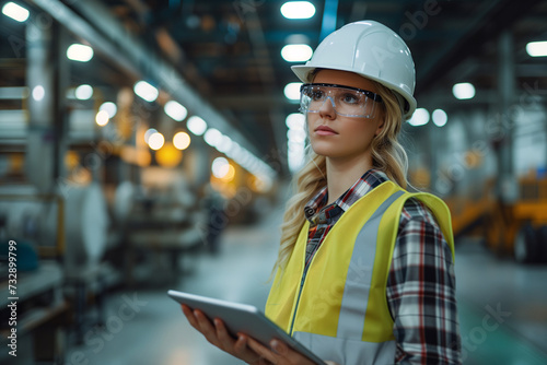 A focused female industrial engineer in a reflective vest uses a tablet in a busy manufacturing facility.