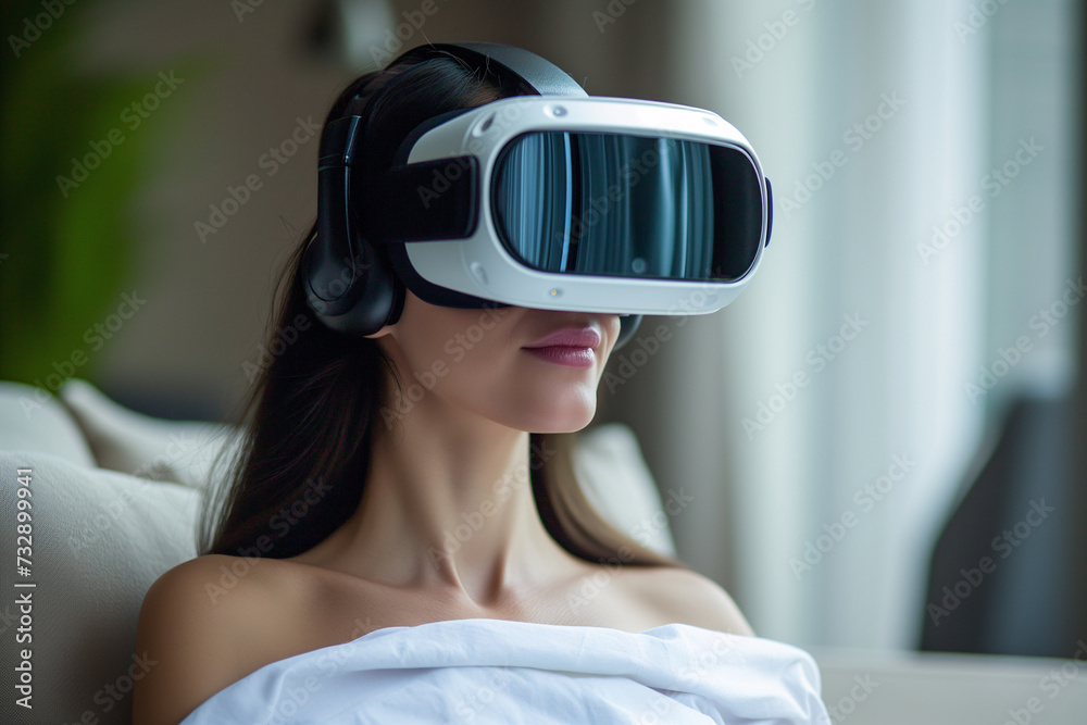 A woman reclines in bed with a VR headset, indulging in a relaxing digital escape in the comfort of her bedroom. A woman reclines in bed with a VR headset, indulging in a relaxing digital escape in the comfort of her bedroom.