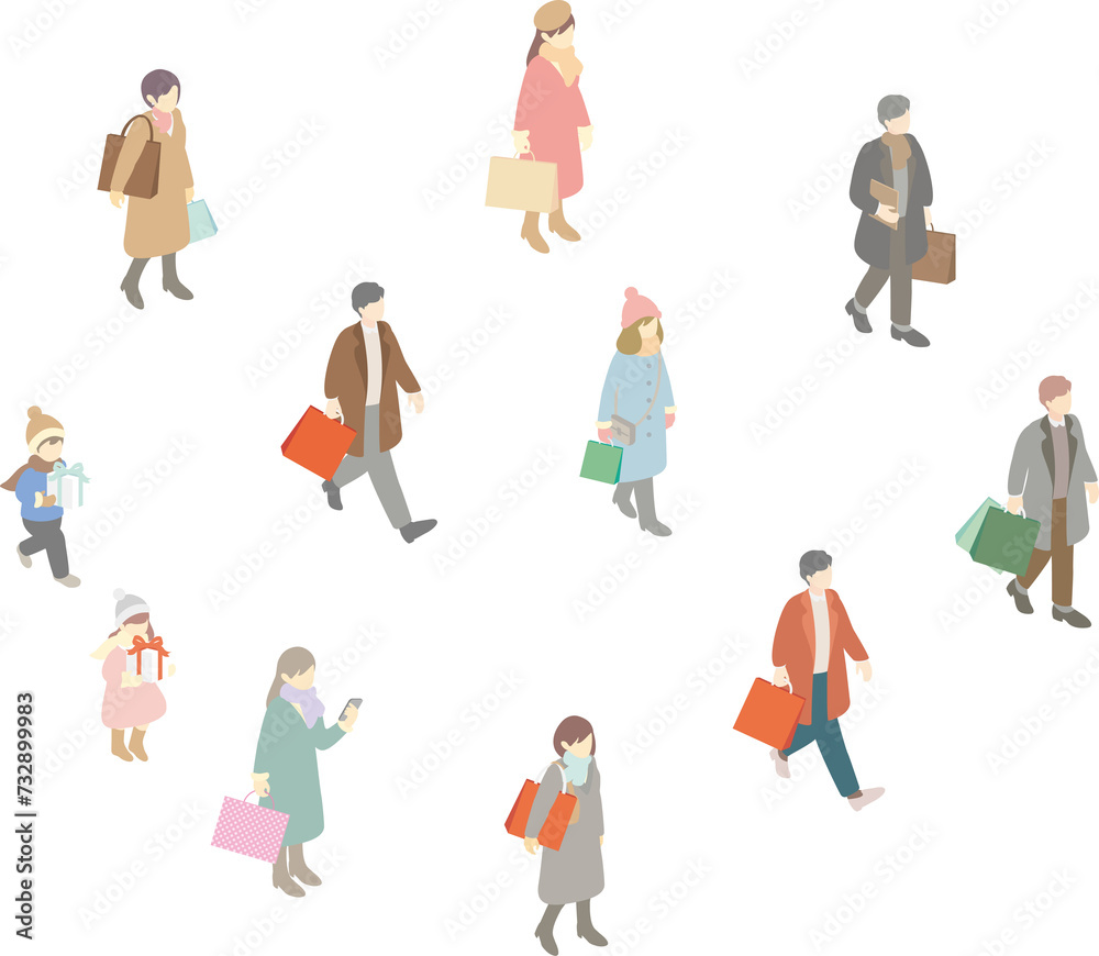 アイソメトリック　秋冬　人物　街並み　男性　女性　子供　お買物　お出かけ　ショッピング　イラスト素材