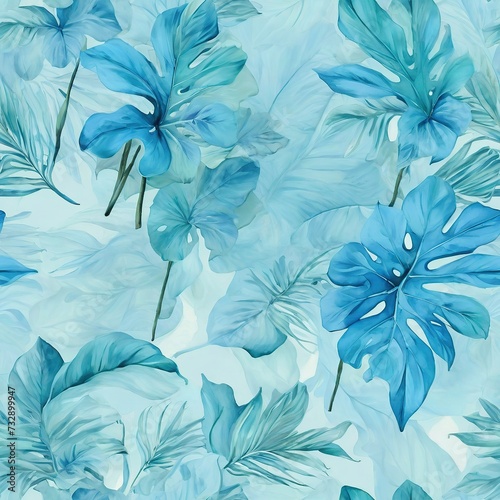 seamless pattern of tropical soft blue leaves in water color