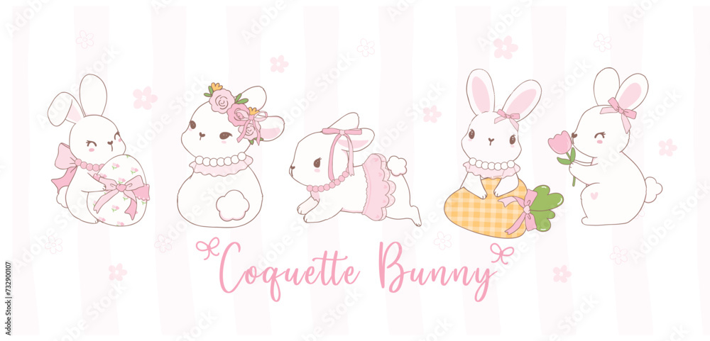 Cute Coquette bunnies with bow Cartoon banner, sweet Retro Happy Easter spring animal. Cute Coquette bunnies with bow Cartoon banner, sweet Retro Happy Easter spring animal.
