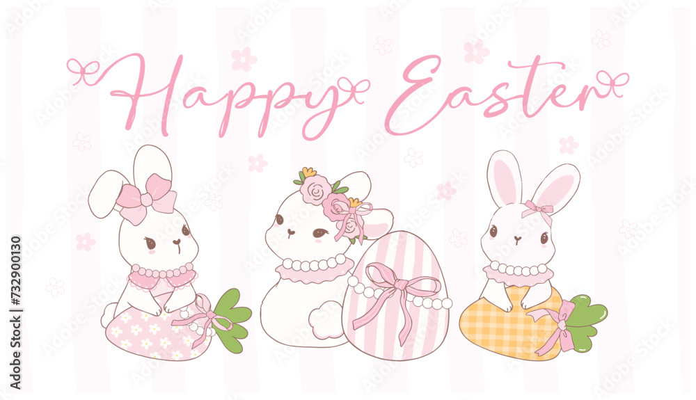Cute Coquette Easter bunnies wear bow with carrot and Easter eggs Cartoon banner, sweet Retro Happy Easter spring animal.