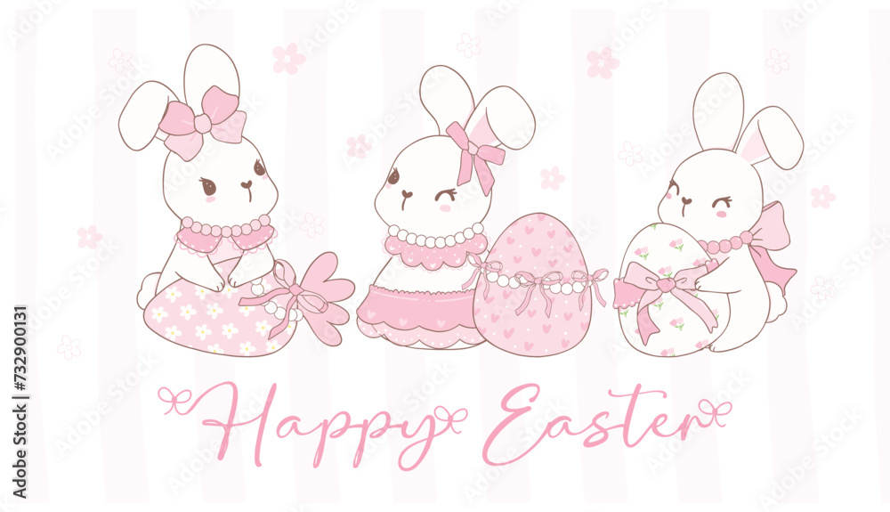 Cute Coquette Easter bunnies wear bow Cartoon banner, sweet Retro Happy Easter spring animal.