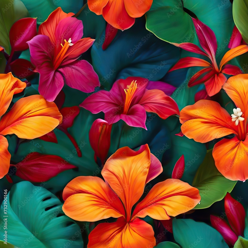 seamless pattern of tropical colorful flowers in oil paint color