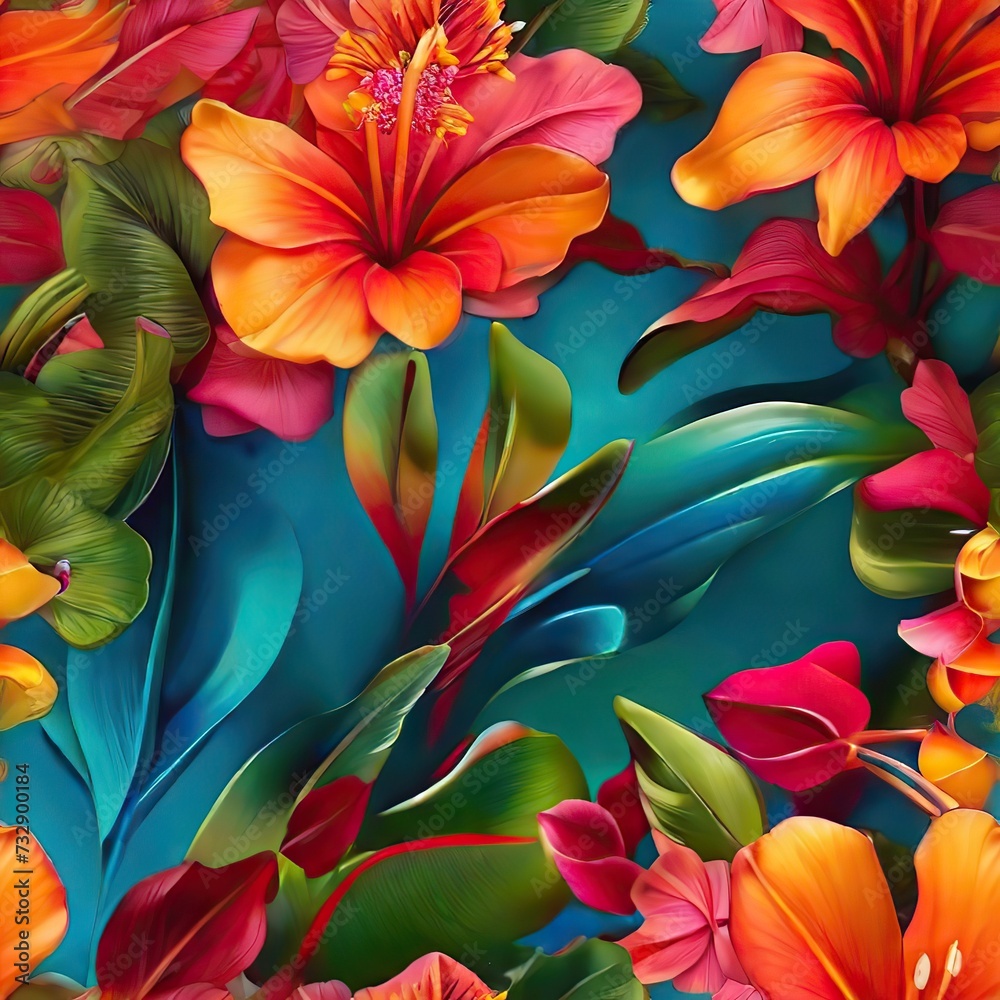 seamless pattern of tropical colorful flowers in oil paint color