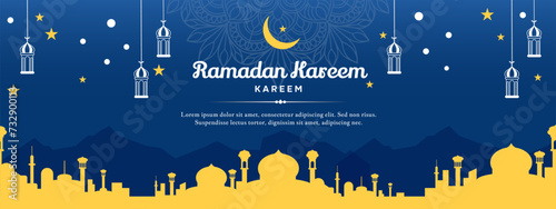 Vector Realistic ramadan horizontal banner template with blue background