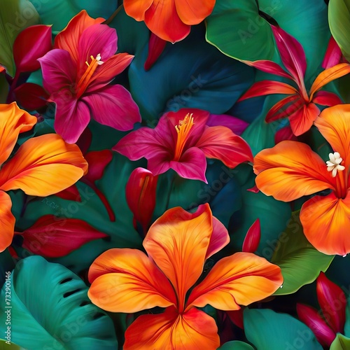 seamless pattern of tropical colorful flowers in oil paint color