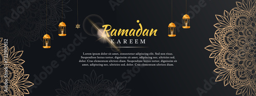 Vector Realistic ramadan kareem horizontal banner template with lamp and light design.
